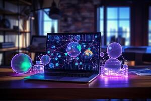 Laptop with glowing social network interface on table. 3d rendering. . photo
