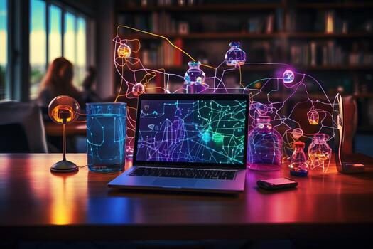 Computer on table with social network theme drawing. Multi exposure. Concept of international connections. . photo