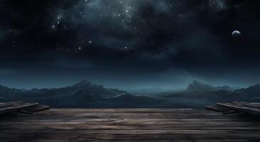 Fantasy landscape with wooden floor and mountains at night. 3d rendering. . photo