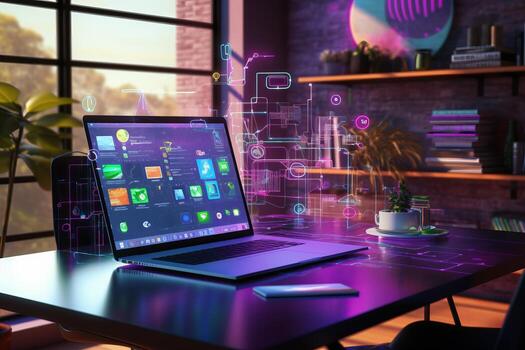 Laptop with abstract glowing hologram screen. 3d rendering. . photo
