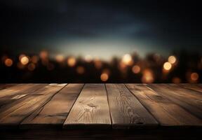 Wooden table in front of blurred city lights. Collage. AI Generated. photo