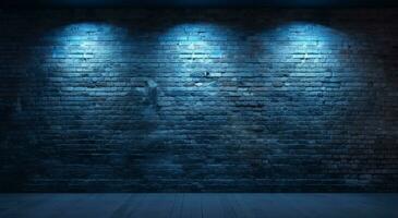3d representación de un iluminado ladrillo pared con azul focos ai generado. foto