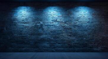 3D rendering of an illuminated brick wall with blue spotlights. . photo