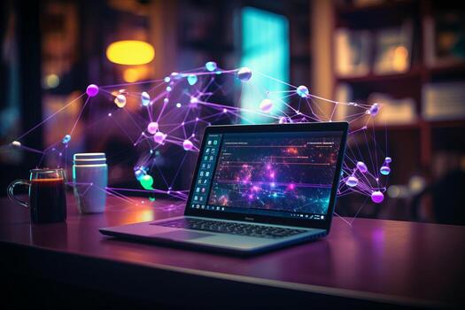 Laptop with abstract network hologram on dark office interior background. 3D Rendering. . photo