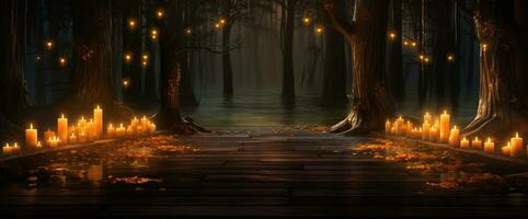 3d rendering of a halloween forest with a path and candles. AI Generated. photo