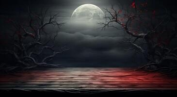 Halloween background with empty wooden table and full moon. 3D rendering. . photo