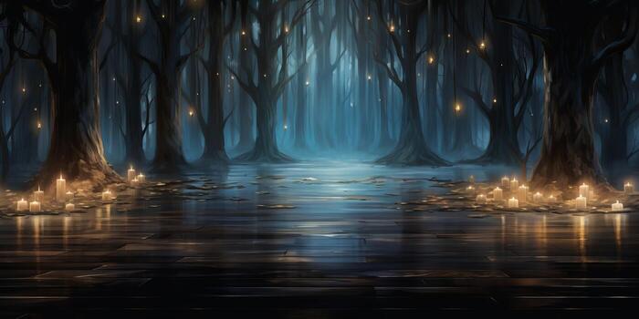 Mysterious dark halloween forest with glowing candles and fog. . photo