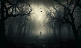 Mysterious dark forest with fog and silhouette of a man. . photo