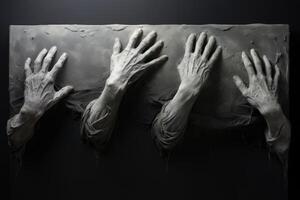 Hands of the mummy with a black cloth on a black background. . photo