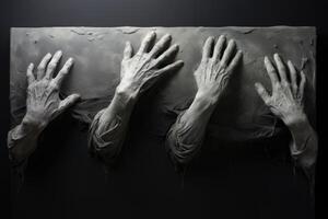 Hands of the mummy with a black cloth on a black background. AI Generated. photo