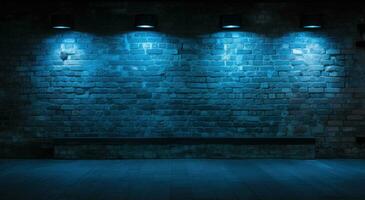 Blue brick wall with spotlights. 3D rendering. Neon light. AI Generated. photo