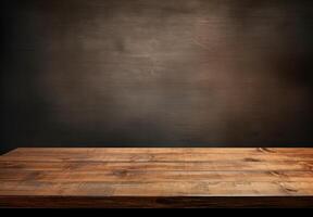 Empty wooden table for product placement or montage with dark background. AI Generated. photo