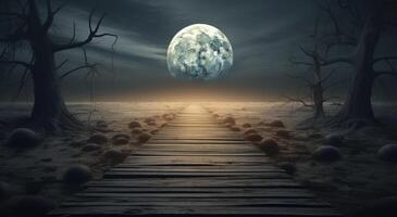 Halloween landscape with path to the full moon. 3d render. AI Generated. photo