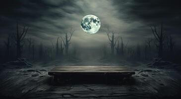 Empty wooden table in the forest with full moon. Halloween concept. AI Generated. photo