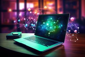 Laptop with global network hologram on wooden desk. 3d rendering. . photo