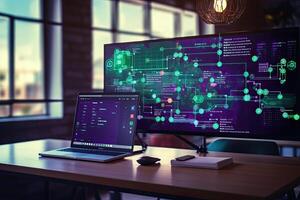 Computer screen with abstract programming interface. Technology and coding concept. 3D Rendering. . photo