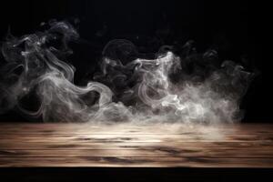 Smoke on a wooden table. Black background. Selective focus. AI Generated. photo