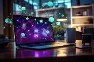 Laptop with social network concept on screen. 3D rendering. . photo