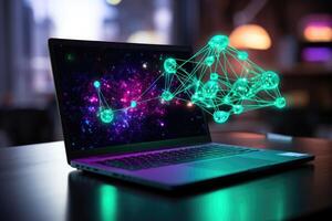 Laptop with social network hologram on table. 3d rendering. . photo