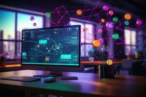 Computer screen with abstract glowing network on office interior background. 3D Rendering. AI Generated. photo