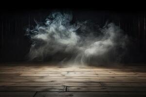 Wooden floor and smoke on a black background. 3d rendering. AI Generated. photo