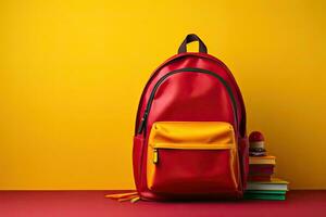 Red school backpack with books and stationery on table against yellow background. AI Generated. photo