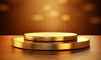 Golden podium on a brown background. 3d rendering, 3d illustration. AI Generated. photo