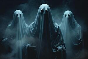 Halloween concept with ghost on dark background. 3D Rendering. . photo