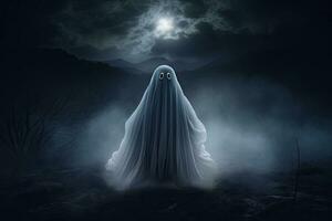 Halloween ghost in the dark foggy forest. 3D rendering. AI Generated. photo