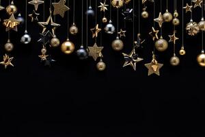 Golden and silver christmas decoration hanging on black background with copy space. AI Generated. photo