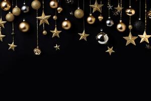 Christmas and New Year background with golden and silver decorations on black. AI Generated. photo