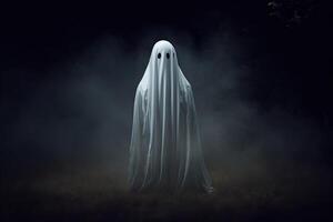 fantasma en el niebla. Víspera de Todos los Santos concepto. 3d hacer ilustración. ai generado. foto