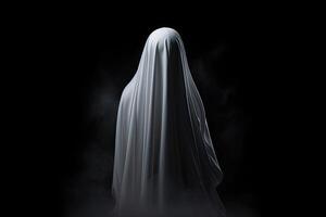 Mysterious dark image of a female figure in a white robe. . photo
