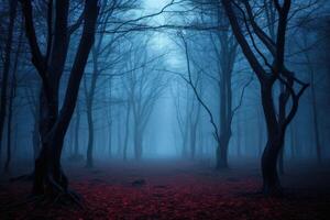 Mysterious dark forest in a foggy night. Halloween background. AI Generated. photo