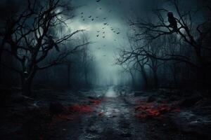 Scary halloween background with a path in the dark forest. AI Generated. photo