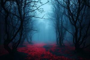Mystical dark forest with fog and red light. Halloween concept. AI Generated. photo