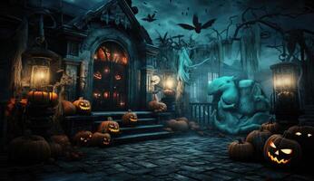 Halloween background with pumpkins, bats and haunted house. 3D rendering. AI Generated. photo