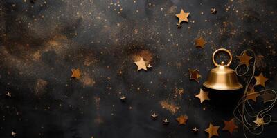 Christmas and New Year background with golden stars on a dark background. . photo