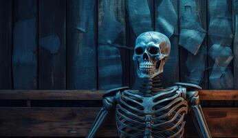 3d rendering of a human skeleton wearing a skeleton costume on a wooden background. AI Generated. photo