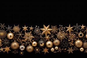 Christmas and New Year background with gold and silver decorations on black background. AI Generated. photo