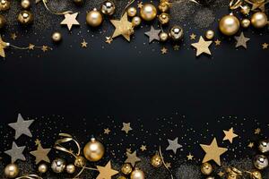 Christmas and New Year background with golden decorations on black. Top view. AI Generated. photo