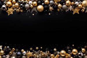 Christmas and New Year background with gold and silver decorations on black. AI Generated. photo