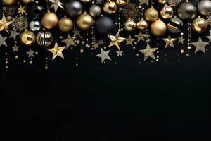 Christmas and New Year background with gold and black baubles, stars and confetti. AI Generated. photo