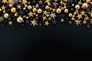 Christmas background with golden and black baubles and stars on black. AI Generated. photo