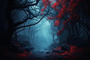 Mystical dark forest with red trees and fog. Halloween background. AI Generated. photo