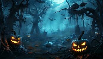 Halloween background with pumpkins and bats in spooky forest. AI Generated. photo