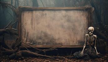 Scary halloween background with empty wooden board and skeleton. . photo