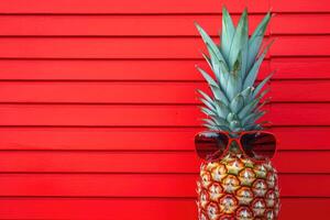 Pineapple wearing sunglasses on red wooden background. Summer concept. AI Generated. photo