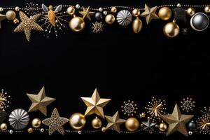 Christmas background with golden and silver decorations, stars, balls and snowflakes on black. AI Generated. photo