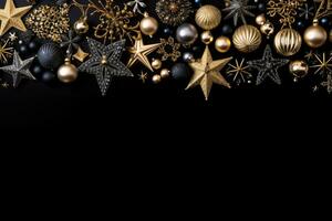 Christmas background with gold and black decorations. Top view. Copy space. AI Generated. photo